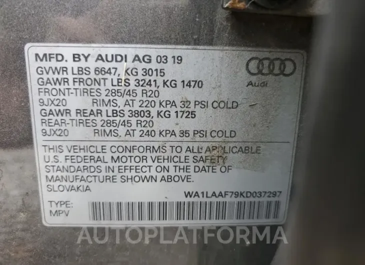 AUDI Q7 PREMIUM 2019 vin WA1LAAF79KD037297 from auto auction Copart