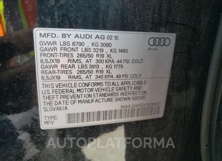 AUDI Q7 PREMIUM 2015 vin WA1LGAFE3FD018621 from auto auction Copart