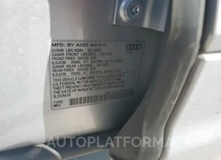 AUDI Q7 PREMIUM 2017 vin WA1LHAF77HD048965 from auto auction Copart