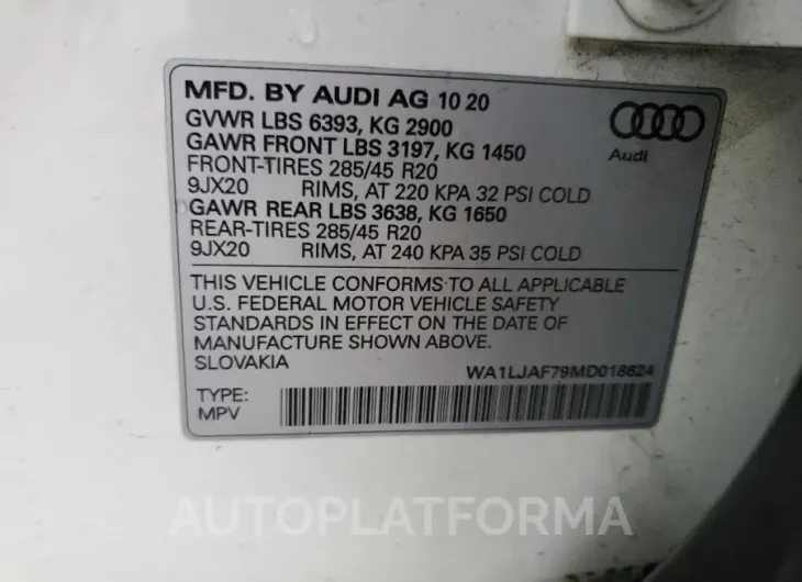 AUDI Q7 PREMIUM 2021 vin WA1LJAF79MD018624 from auto auction Copart