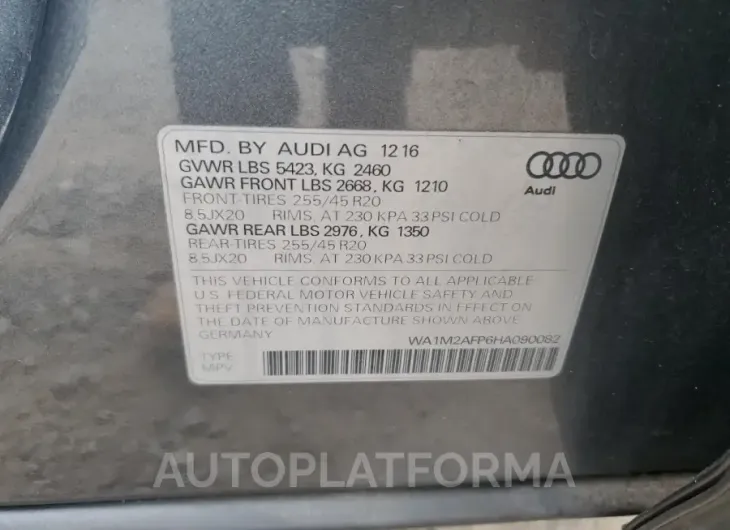 AUDI Q5 PREMIUM 2017 vin WA1M2AFP6HA090082 from auto auction Copart