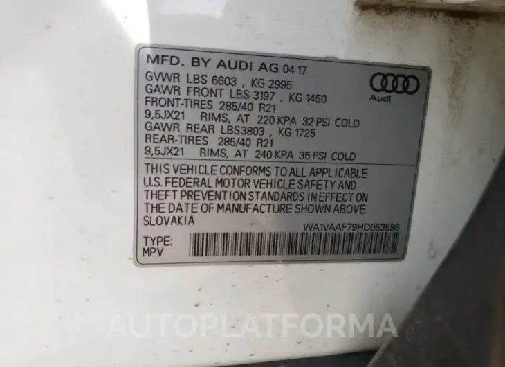 AUDI Q7 PRESTIG 2017 vin WA1VAAF79HD053596 from auto auction Copart