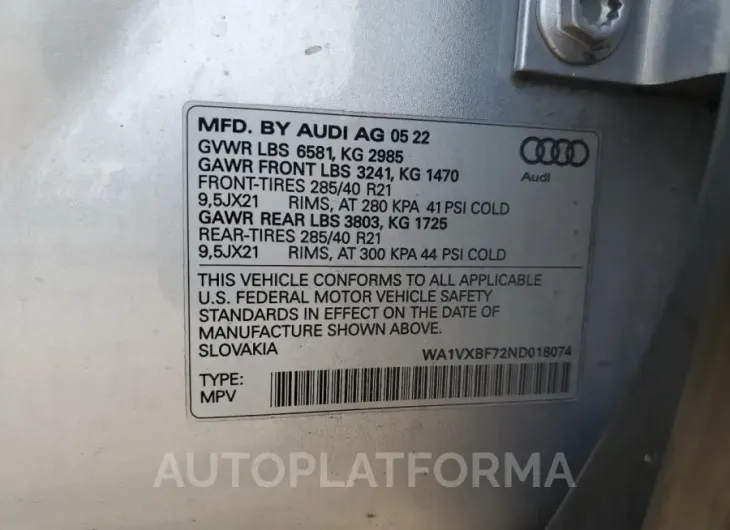 AUDI Q7 PRESTIG 2022 vin WA1VXBF72ND018074 from auto auction Copart