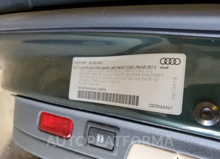 AUDI A4 PRESTIG 2017 vin WAUFNAF40HA126874 from auto auction Copart