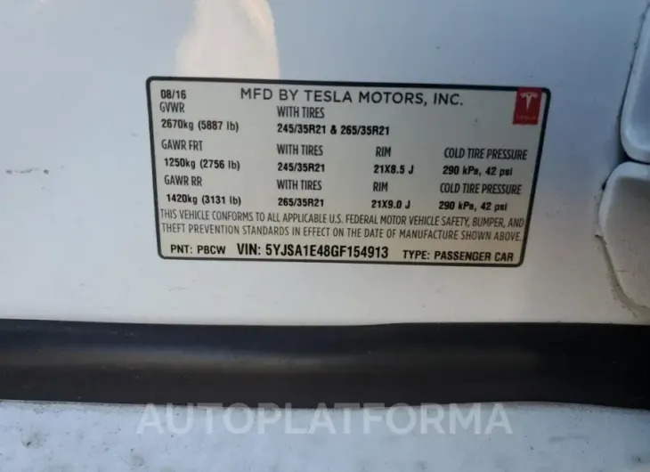 TESLA MODEL S 2016 vin 5YJSA1E48GF154913 from auto auction Copart