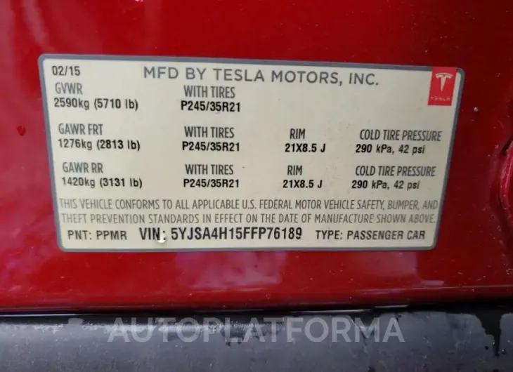 TESLA MODEL S 85 2015 vin 5YJSA4H15FFP76189 from auto auction Copart