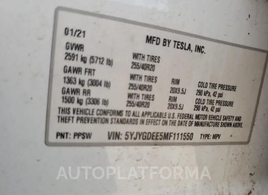 TESLA MODEL Y 2021 vin 5YJYGDEE5MF111550 from auto auction Copart