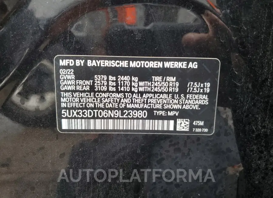 BMW X4 XDRIVE3 2022 vin 5UX33DT06N9L23980 from auto auction Copart