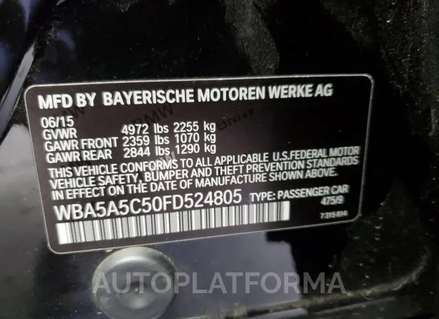 BMW 528 I 2015 vin WBA5A5C50FD524805 from auto auction Copart