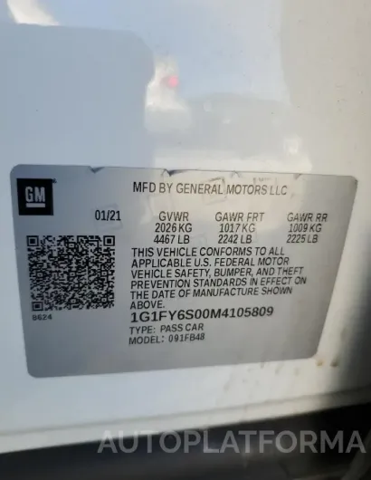 CHEVROLET BOLT EV LT 2021 vin 1G1FY6S00M4105809 from auto auction Copart