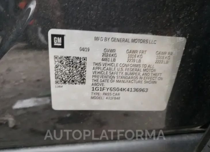 CHEVROLET BOLT EV LT 2019 vin 1G1FY6S04K4136963 from auto auction Copart