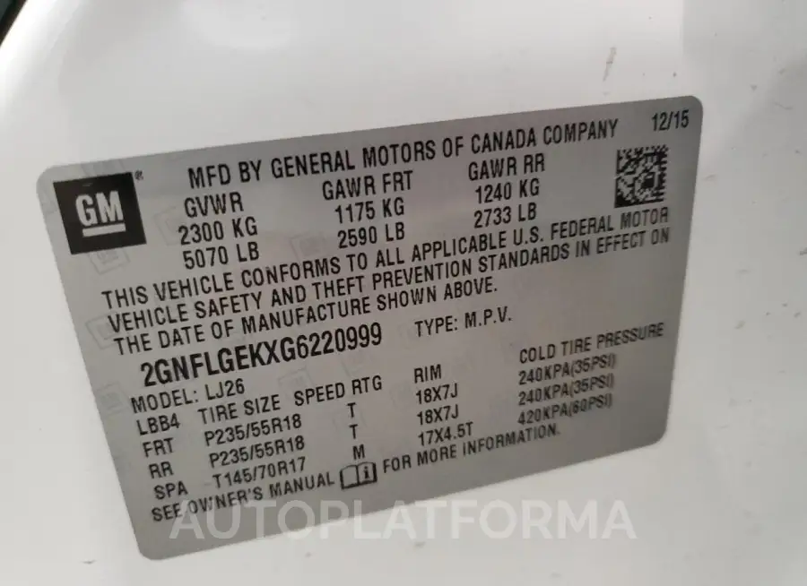 CHEVROLET EQUINOX LT 2016 vin 2GNFLGEKXG6220999 from auto auction Copart