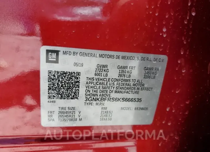 CHEVROLET BLAZER PRE 2019 vin 3GNKBFRS6KS666535 from auto auction Copart