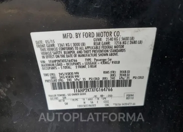 FORD TAURUS SHO 2015 vin 1FAHP2KTXFG164766 from auto auction Copart