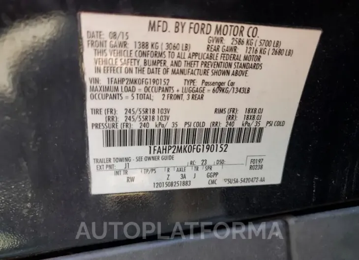 FORD TAURUS POL 2015 vin 1FAHP2MK0FG190152 from auto auction Copart