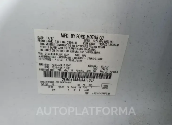 FORD FLEX SE 2018 vin 2FMGK5B84JBA11037 from auto auction Copart