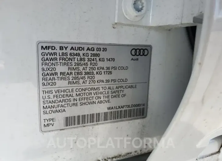 AUDI Q7 PREMIUM 2020 vin WA1LXAF73LD008314 from auto auction Copart