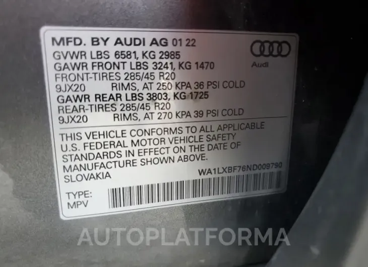 AUDI Q7 PREMIUM 2022 vin WA1LXBF76ND009790 from auto auction Copart