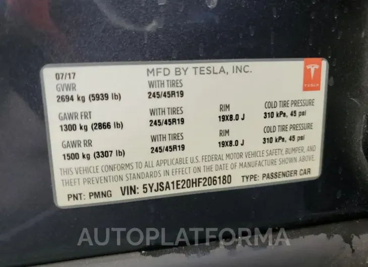 TESLA MODEL S 2017 vin 5YJSA1E20HF206180 from auto auction Copart