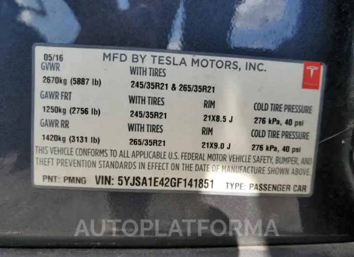 TESLA MODEL S 2016 vin 5YJSA1E42GF141851 from auto auction Copart