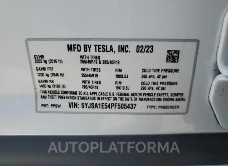 TESLA MODEL S 2023 vin 5YJSA1E54PF505437 from auto auction Copart