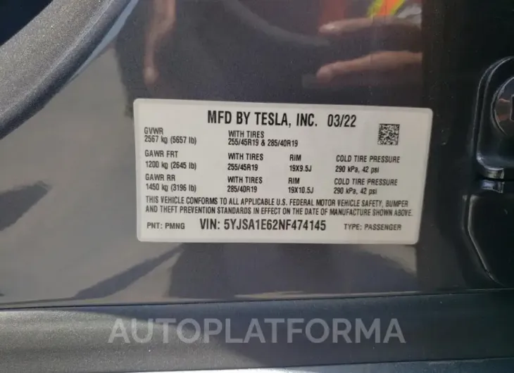 TESLA MODEL S 2022 vin 5YJSA1E62NF474145 from auto auction Copart