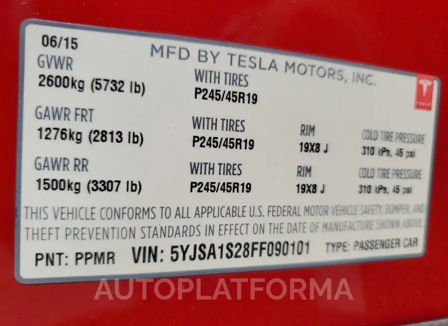 TESLA MODEL S 70 2015 vin 5YJSA1S28FF090101 from auto auction Copart