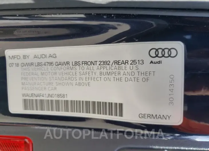 AUDI A4 PREMIUM 2018 vin WAUENAF41JN018581 from auto auction Copart