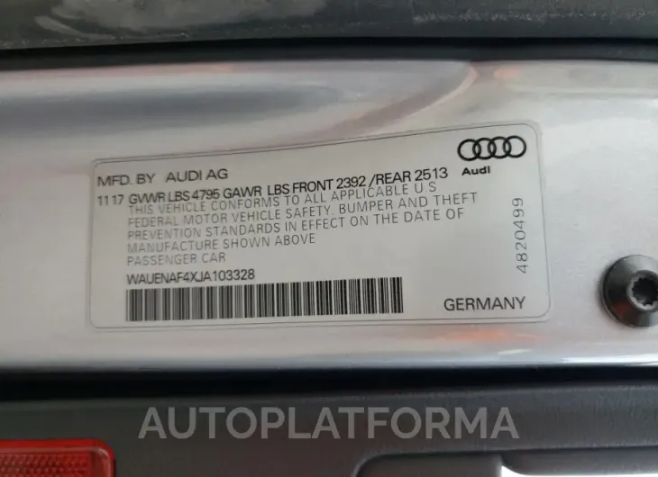 AUDI A4 PREMIUM 2018 vin WAUENAF4XJA103328 from auto auction Copart