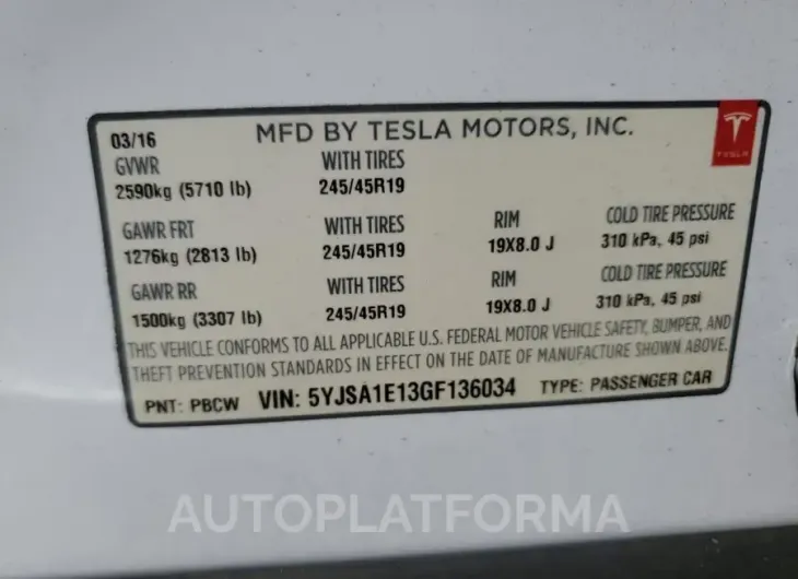 TESLA MODEL S 2016 vin 5YJSA1E13GF136034 from auto auction Copart