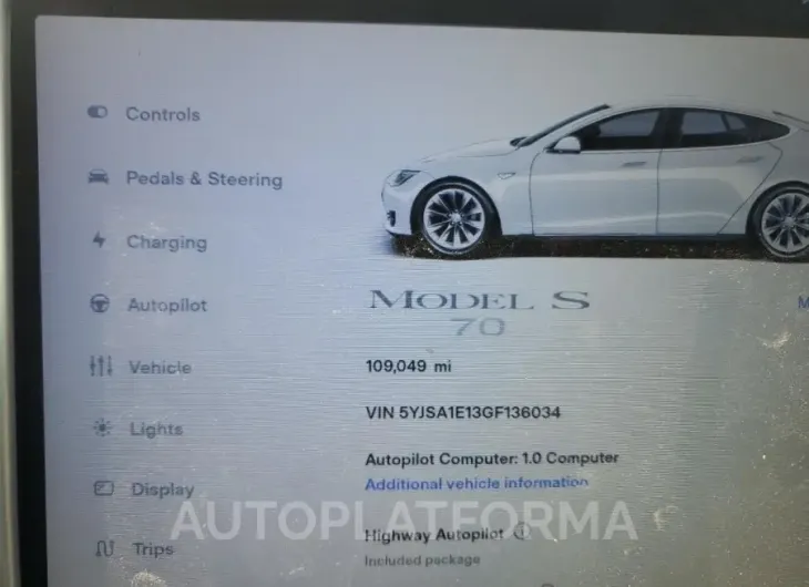 TESLA MODEL S 2016 vin 5YJSA1E13GF136034 from auto auction Copart