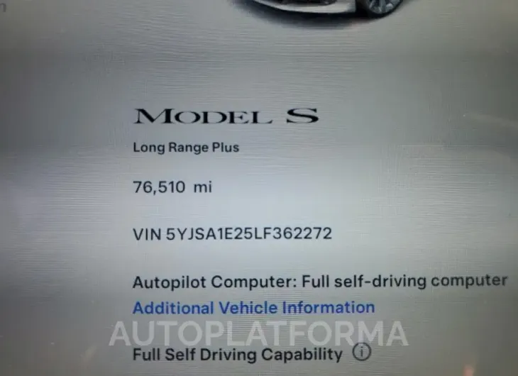 TESLA MODEL S 2020 vin 5YJSA1E25LF362272 from auto auction Copart