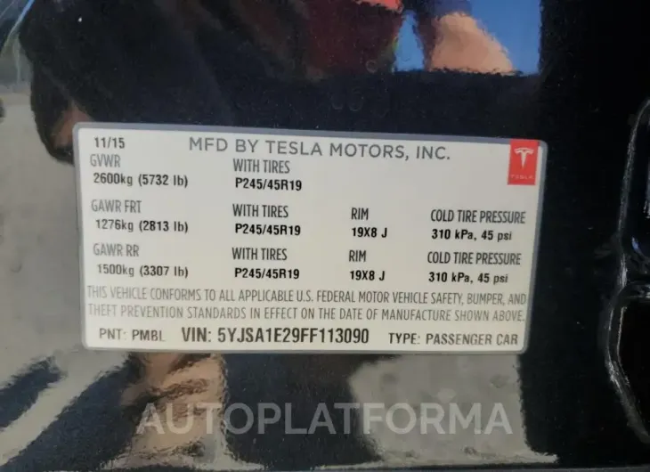 TESLA MODEL S 2015 vin 5YJSA1E29FF113090 from auto auction Copart