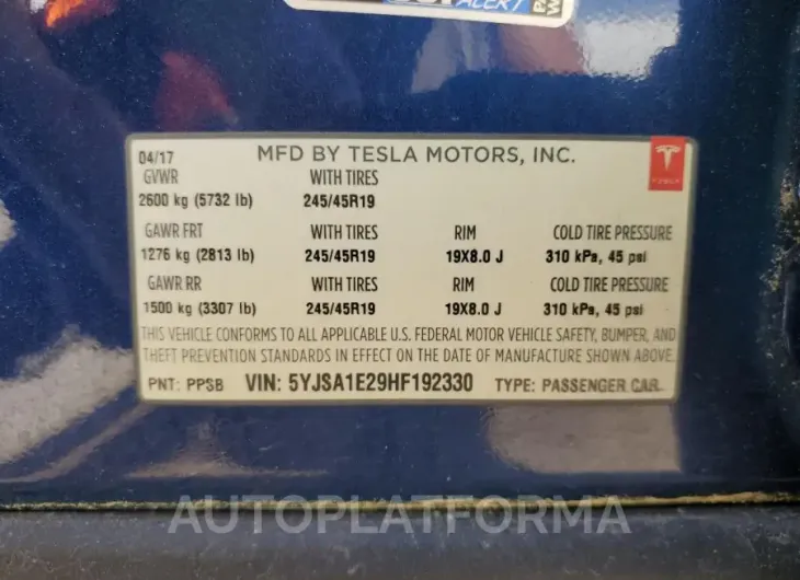 TESLA MODEL S 2017 vin 5YJSA1E29HF192330 from auto auction Copart