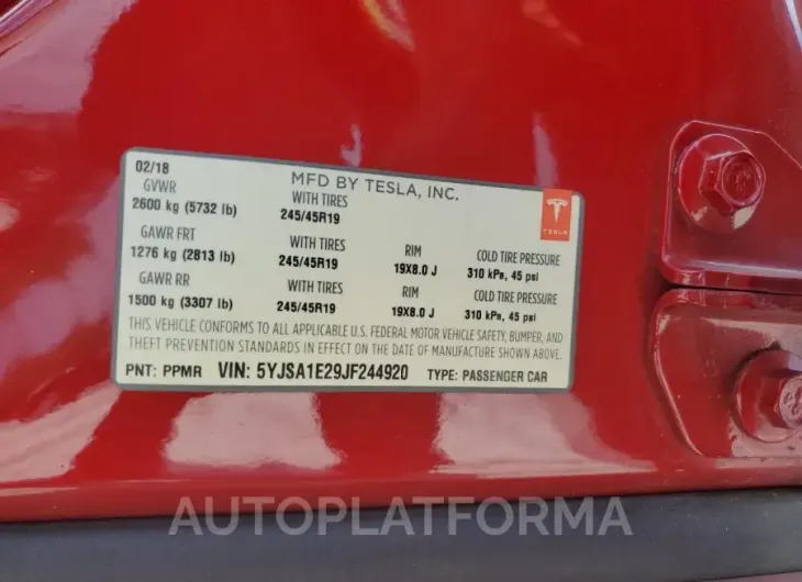 TESLA MODEL S 2018 vin 5YJSA1E29JF244920 from auto auction Copart