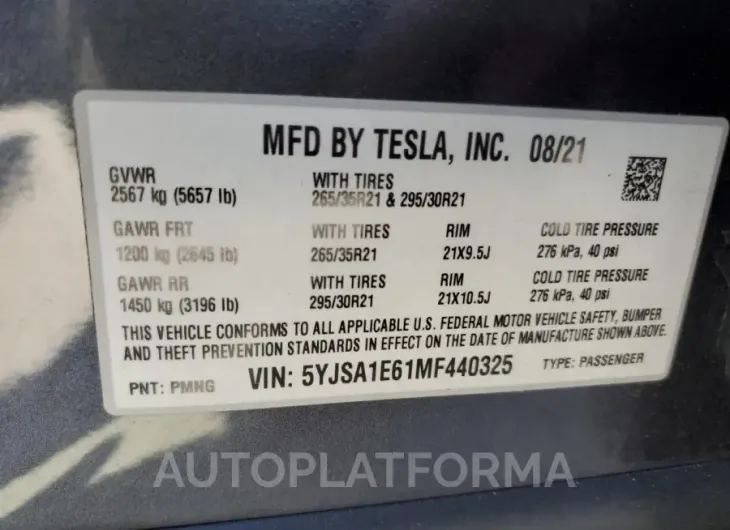 TESLA MODEL S 2021 vin 5YJSA1E61MF440325 from auto auction Copart