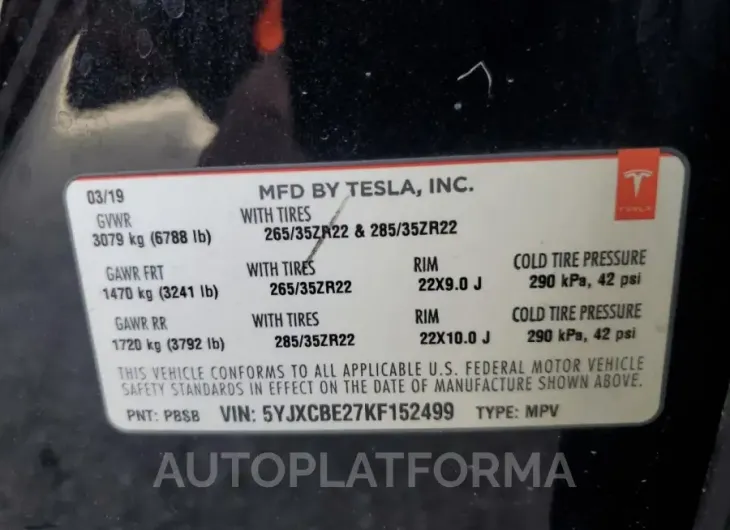 TESLA MODEL X 2019 vin 5YJXCBE27KF152499 from auto auction Copart