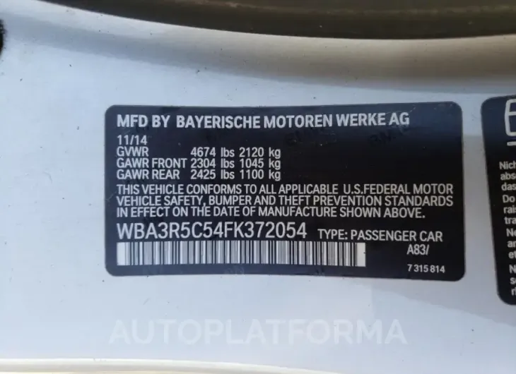 BMW 435 XI 2015 vin WBA3R5C54FK372054 from auto auction Copart