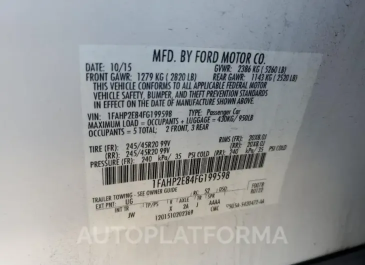 FORD TAURUS SEL 2015 vin 1FAHP2E84FG199598 from auto auction Copart