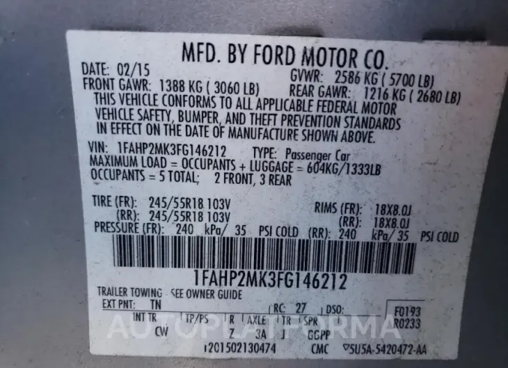 FORD TAURUS POL 2015 vin 1FAHP2MK3FG146212 from auto auction Copart