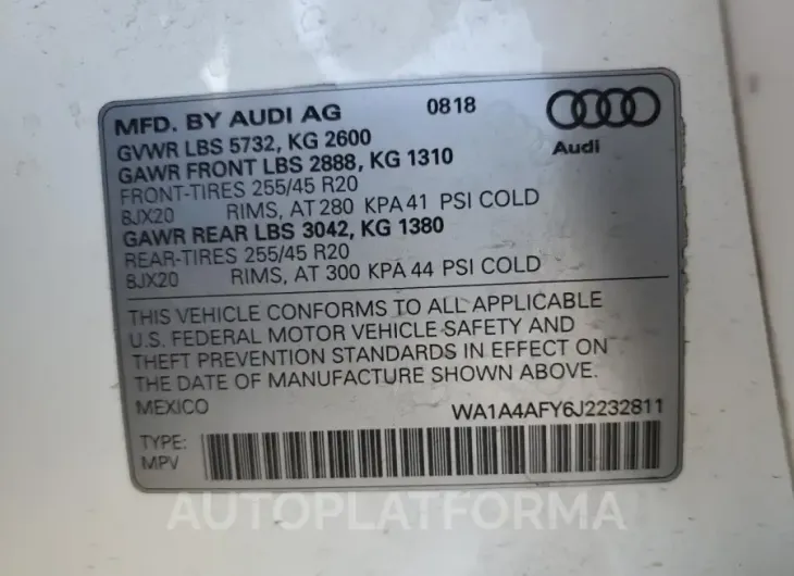 AUDI SQ5 PREMIU 2018 vin WA1A4AFY6J2232811 from auto auction Copart