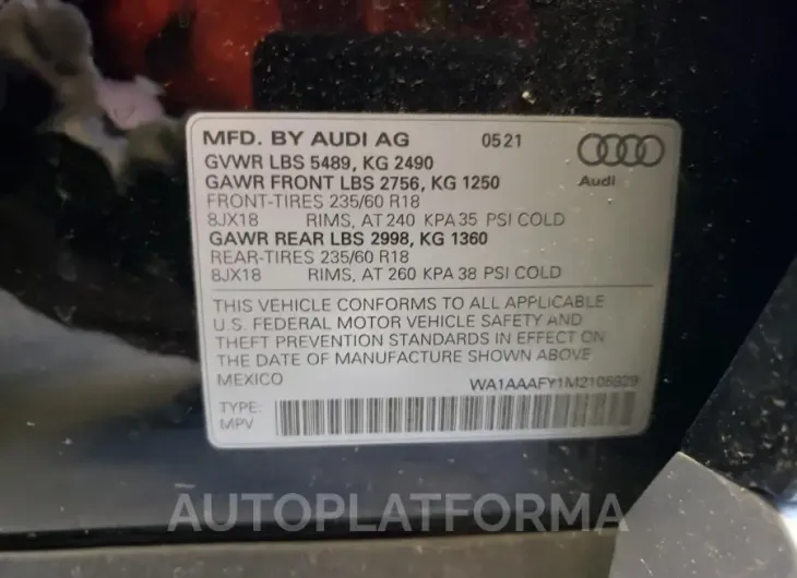 AUDI Q5 PREMIUM 2021 vin WA1AAAFY1M2105929 from auto auction Copart