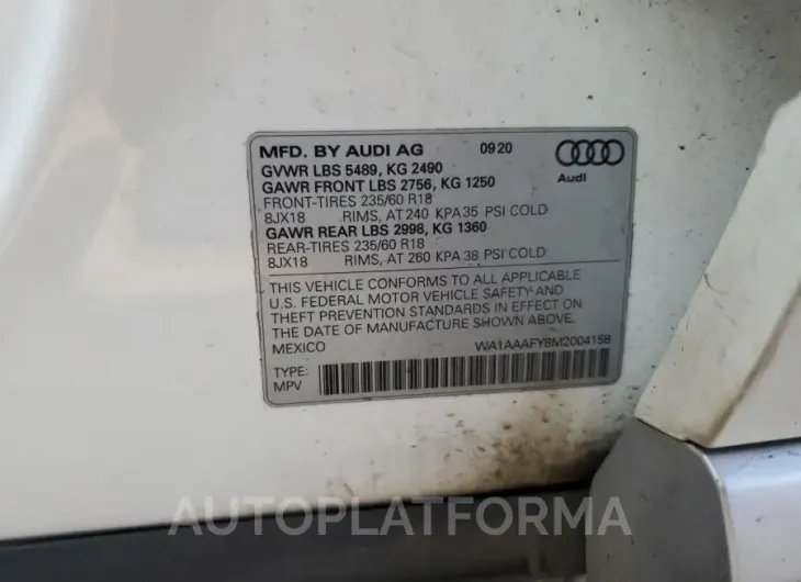 AUDI Q5 PREMIUM 2021 vin WA1AAAFY8M2004158 from auto auction Copart