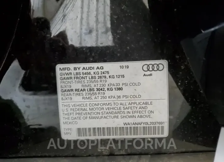 AUDI Q5 PREMIUM 2020 vin WA1ANAFY0L2037691 from auto auction Copart