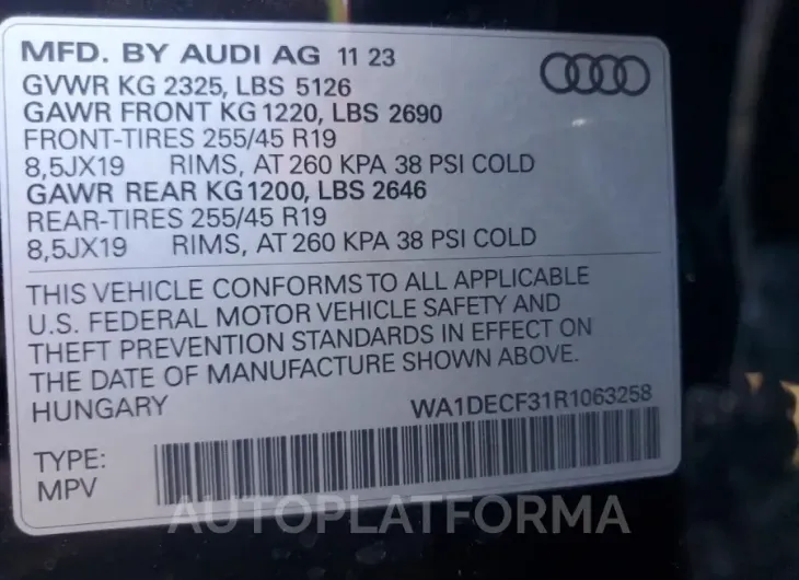 AUDI Q3 PREMIUM 2024 vin WA1DECF31R1063258 from auto auction Copart