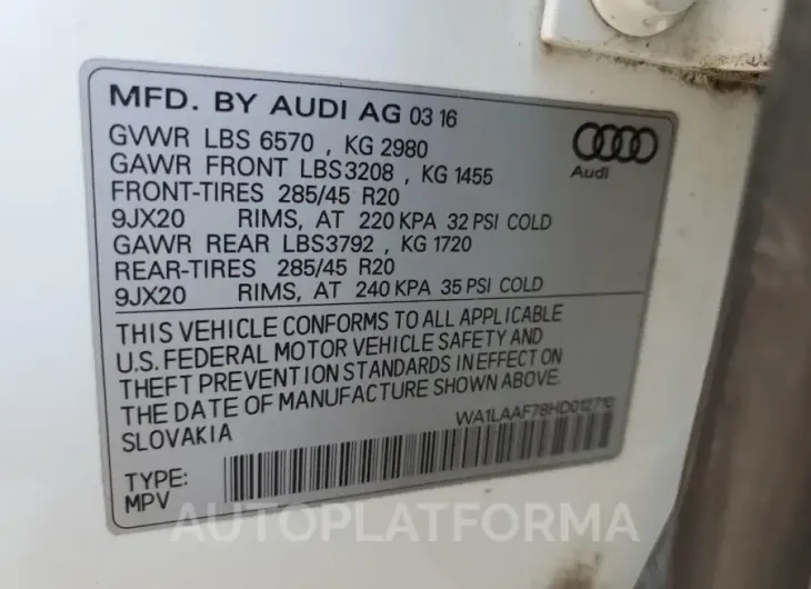 AUDI Q7 PREMIUM 2017 vin WA1LAAF78HD012710 from auto auction Copart