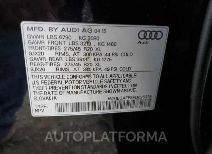 AUDI Q7 PREMIUM 2015 vin WA1LGAFE5FD025375 from auto auction Copart