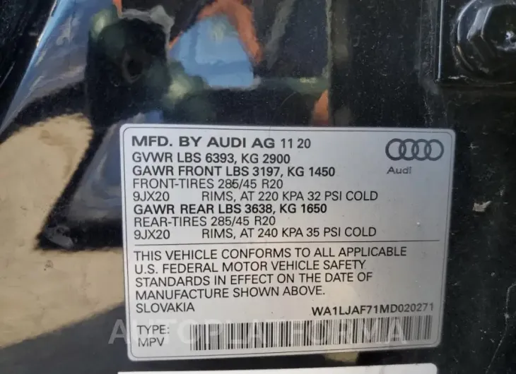 AUDI Q7 PREMIUM 2021 vin WA1LJAF71MD020271 from auto auction Copart