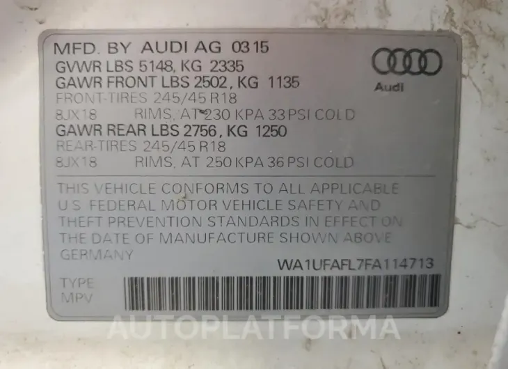 AUDI A4 ALLROAD 2015 vin WA1UFAFL7FA114713 from auto auction Copart