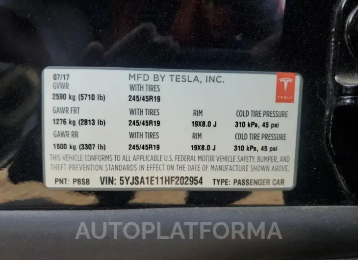 TESLA MODEL S 2017 vin 5YJSA1E11HF202954 from auto auction Copart